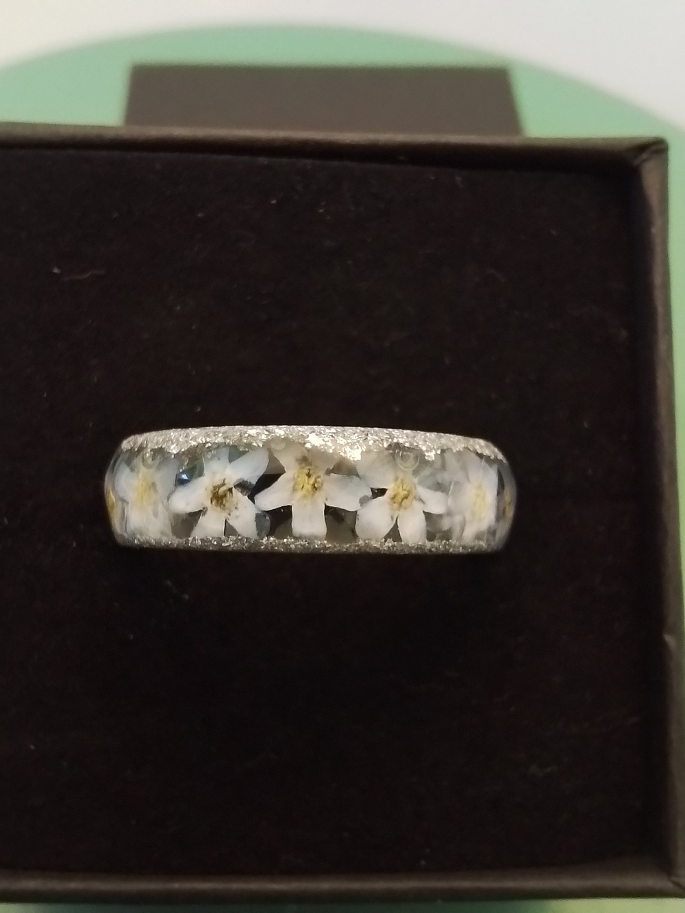 Handmade White Floral Resin Band Ring, Size 10